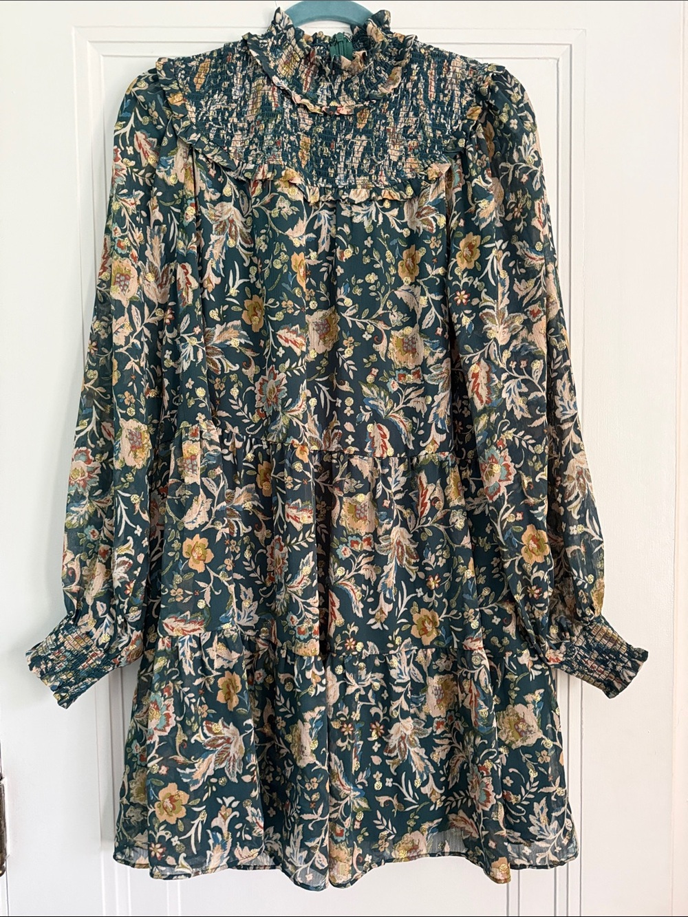 Fate Dark Green Floral Smocked High-Neck Long Sleeve Dress